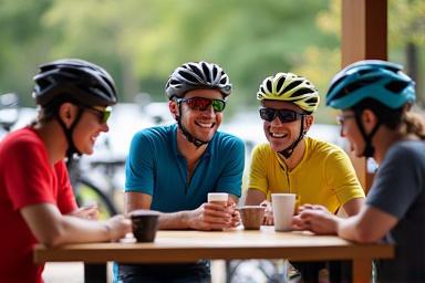 Gruppo di ciclisti sorridenti durante una pausa caffè